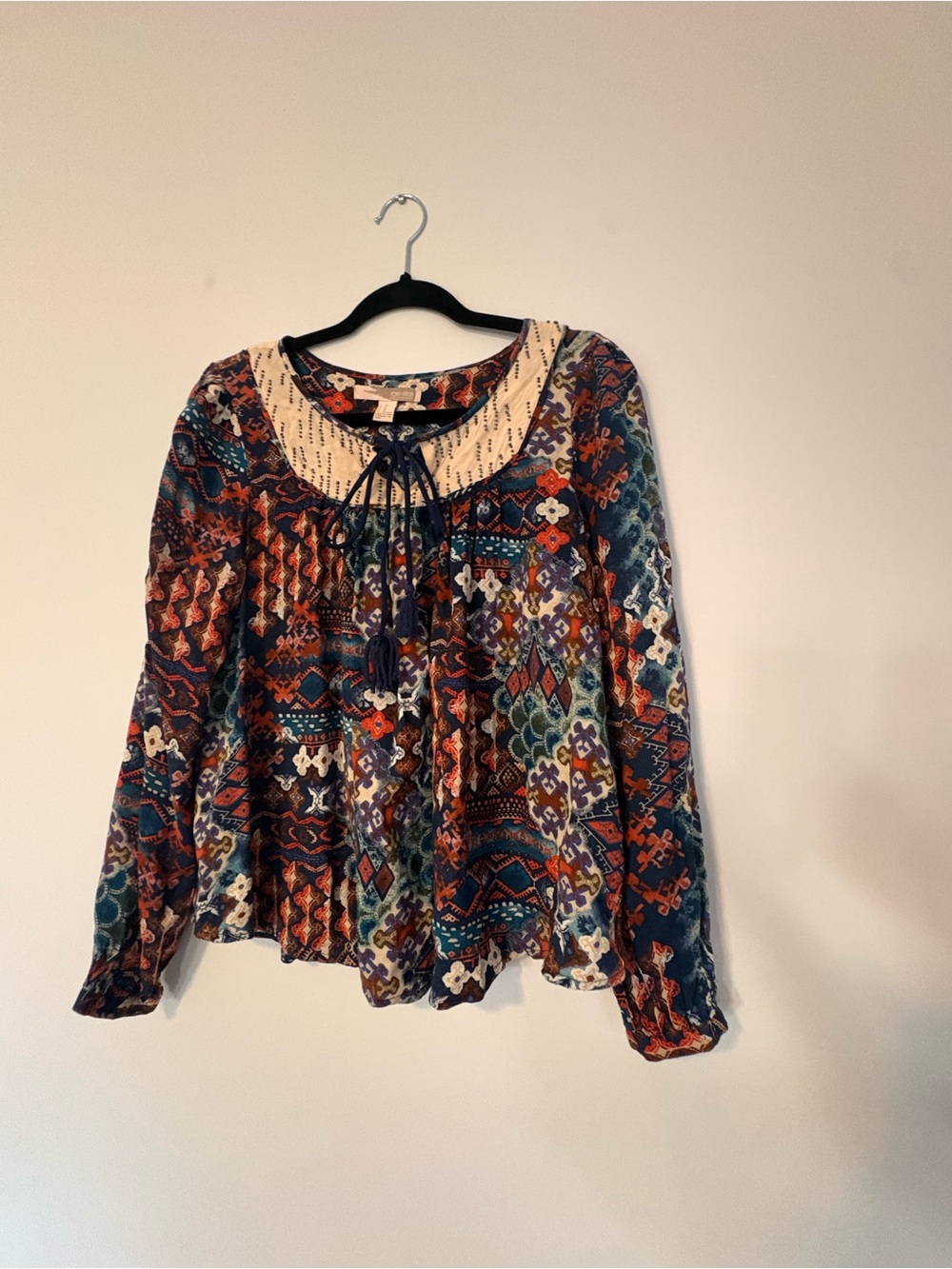 Fall favourite Printed Boho Blouse with Cream Yoke with beaded detail.